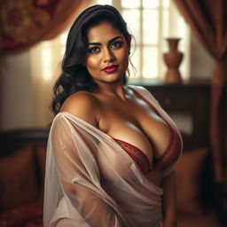 An Indian woman with a curvy figure, depicted in a sensual portrait that highlights her confidence and body positivity
