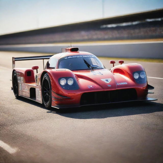 Highly detailed Le Mans racing car with vibrant colors glimmering under bright sunlight at a race track