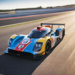 Highly detailed Le Mans racing car with vibrant colors glimmering under bright sunlight at a race track