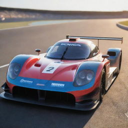 Highly detailed Le Mans racing car with vibrant colors glimmering under bright sunlight at a race track