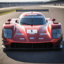 Highly detailed Le Mans racing car with vibrant colors glimmering under bright sunlight at a race track