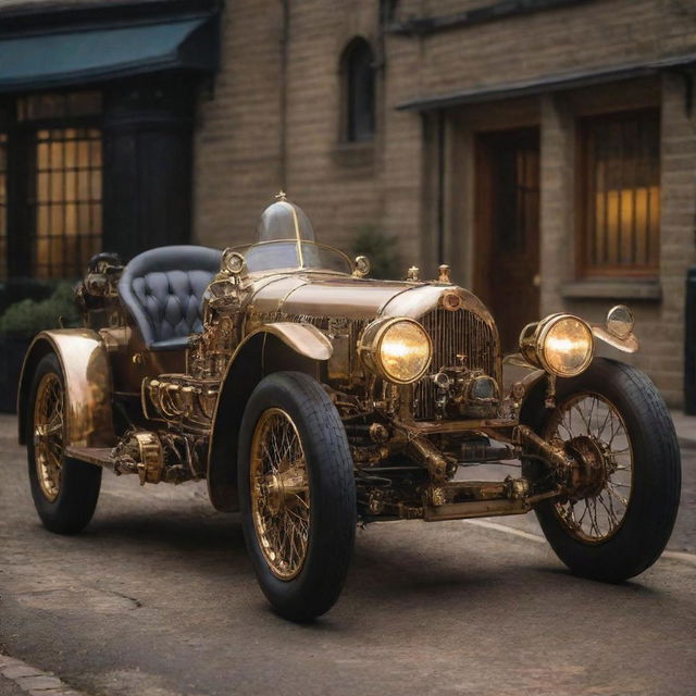 A Steampunk style Le Mans racing car, with a vivid fusion of Victorian aesthetics and industrial machinery, gleaming brass and cog details under a gaslamp glow