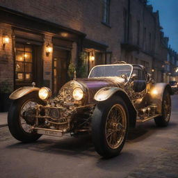 A Steampunk style Le Mans racing car, with a vivid fusion of Victorian aesthetics and industrial machinery, gleaming brass and cog details under a gaslamp glow