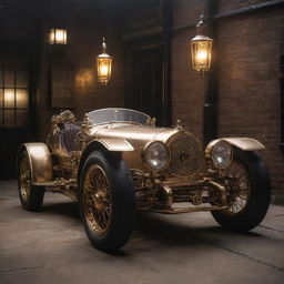 A Steampunk style Le Mans racing car, with a vivid fusion of Victorian aesthetics and industrial machinery, gleaming brass and cog details under a gaslamp glow