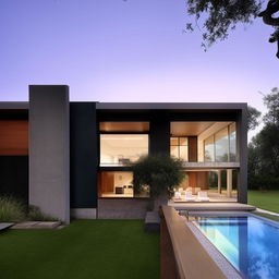 A two-story minimalist house with a car garage, a small park, and a swimming pool.