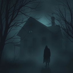 A dark, eerie scene featuring ominous silhouettes, an abandoned house with broken windows and crumbling walls, shrouded in dense fog