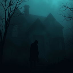 A dark, eerie scene featuring ominous silhouettes, an abandoned house with broken windows and crumbling walls, shrouded in dense fog