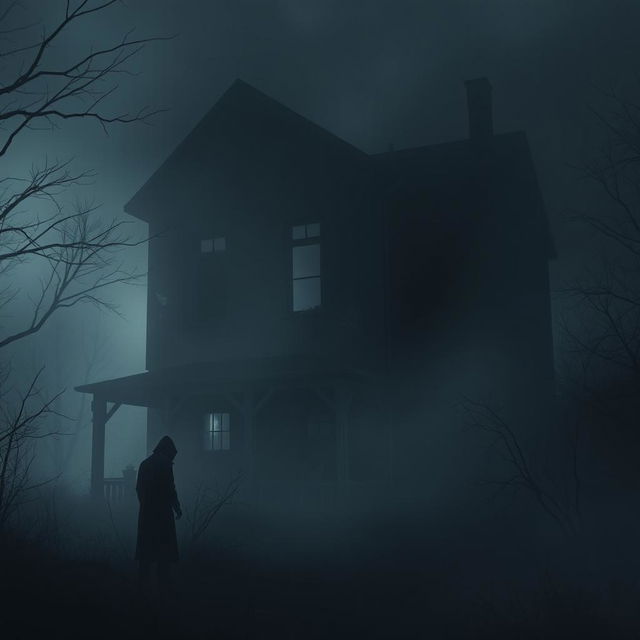 A dark, eerie scene featuring ominous silhouettes, an abandoned house with broken windows and crumbling walls, shrouded in dense fog