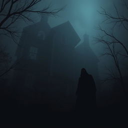 A dark, eerie scene featuring ominous silhouettes, an abandoned house with broken windows and crumbling walls, shrouded in dense fog