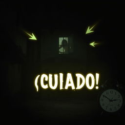A dark background featuring an abandoned house with dilapidated walls and eerie shadows lurking around