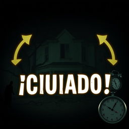 A dark background featuring an abandoned house with dilapidated walls and eerie shadows lurking around