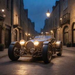 A Steampunk style Le Mans racing car, with a vivid fusion of Victorian aesthetics and industrial machinery, gleaming brass and cog details under a gaslamp glow