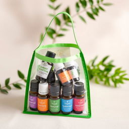 A transparent bag with a green border, filled with an assortment of essential oils in various colorful bottles