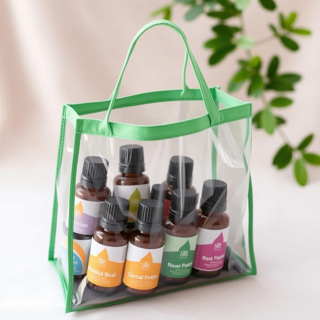 A transparent bag with a green border, filled with an assortment of essential oils in various colorful bottles