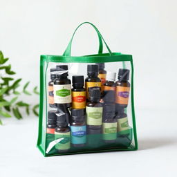 A transparent bag with a green border, filled with an assortment of essential oils in various colorful bottles