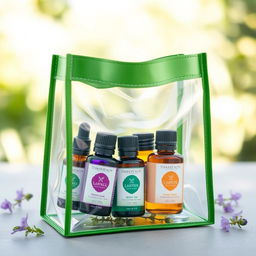 A clear bag with a green border, filled with an elegant selection of essential oils in beautifully designed glass bottles