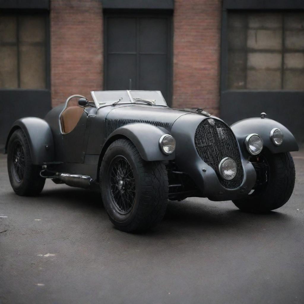 A Dieselpunk inspired Le Mans car, featuring rugged industrial aesthetics, infused with elements of 1940s wartime technology. The car has a dystopian charm, with dark iron colors highlighted by neon