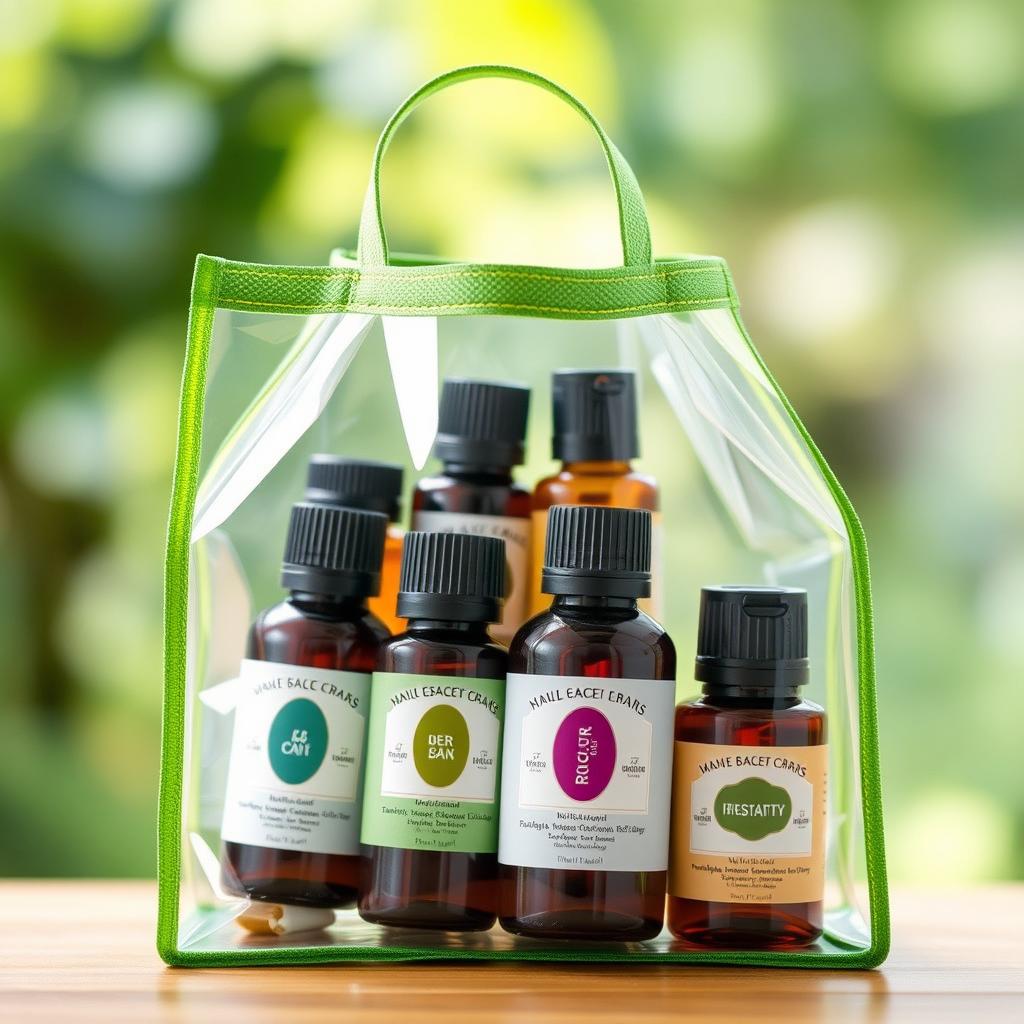 A clear bag with a green border, filled with an elegant selection of essential oils in beautifully designed glass bottles