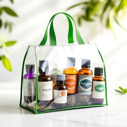 A clear bag with a green border, filled with an elegant selection of essential oils in beautifully designed glass bottles