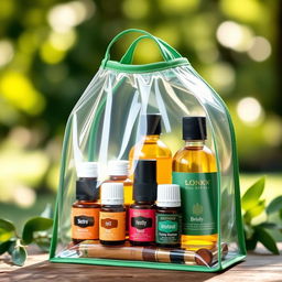 A clear bag with a green border, filled with an elegant selection of essential oils in beautifully designed glass bottles