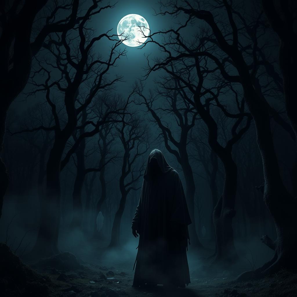 A dark, eerie forest at night, illuminated by a full moon casting ominous shadows