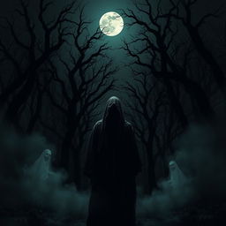 A dark, eerie forest at night, illuminated by a full moon casting ominous shadows