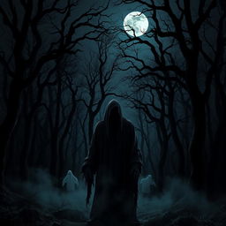 A dark, eerie forest at night, illuminated by a full moon casting ominous shadows