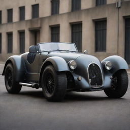 A Dieselpunk inspired Le Mans car, featuring rugged industrial aesthetics, infused with elements of 1940s wartime technology. The car has a dystopian charm, with dark iron colors highlighted by neon