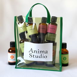 A transparent bag with a green border, elegantly filled with a variety of essential oils housed in beautifully designed glass bottles