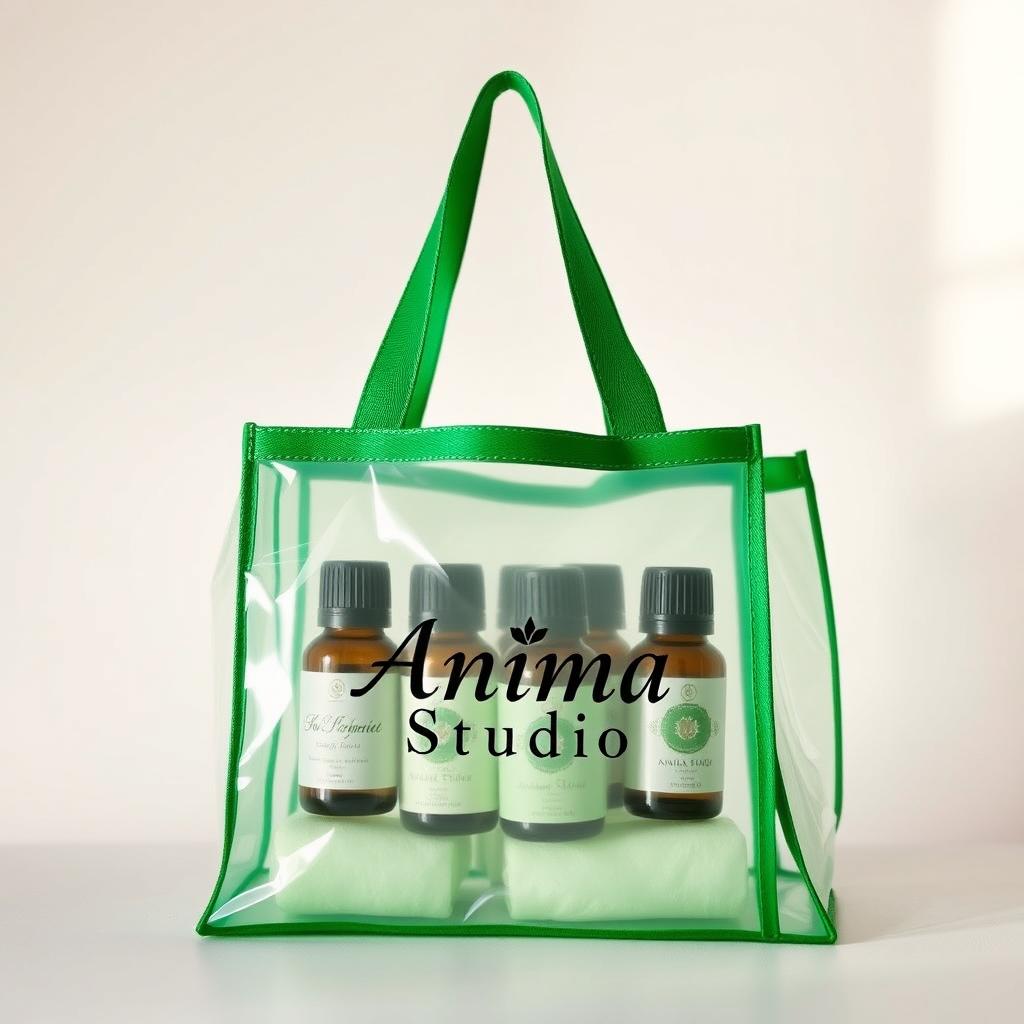 A transparent bag with a green border, elegantly filled with a variety of essential oils housed in beautifully designed glass bottles