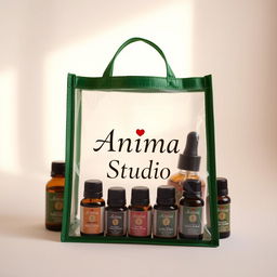 A transparent bag with a green border, elegantly filled with a variety of essential oils housed in beautifully designed glass bottles