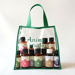 A transparent bag with a green border, elegantly filled with a variety of essential oils housed in beautifully designed glass bottles
