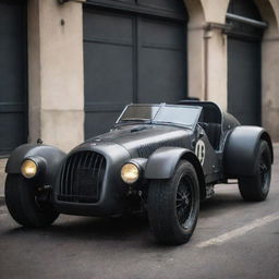 A Dieselpunk inspired Le Mans car, featuring rugged industrial aesthetics, infused with elements of 1940s wartime technology. The car has a dystopian charm, with dark iron colors highlighted by neon