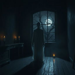 A hauntingly atmospheric scene set in a dark, abandoned mansion