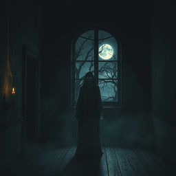 A hauntingly atmospheric scene set in a dark, abandoned mansion