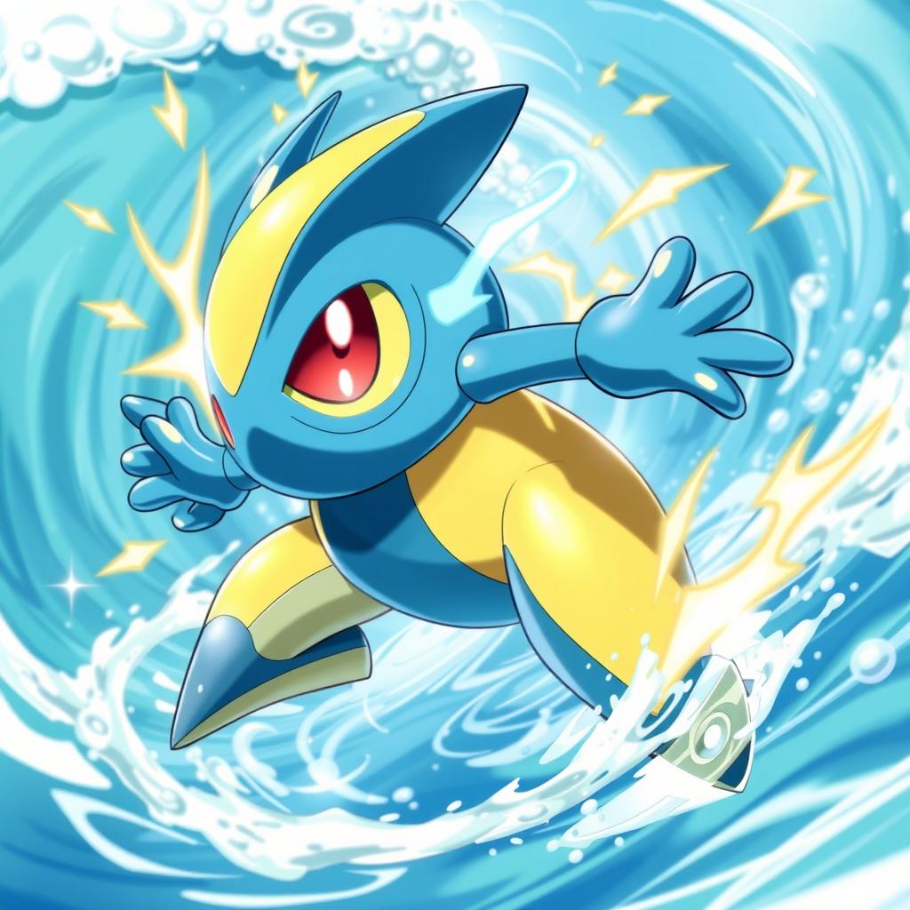 A dynamic and vibrant depiction of a new design for Rotom-Wash, showcasing the Electric/Water type Pokémon in an action pose