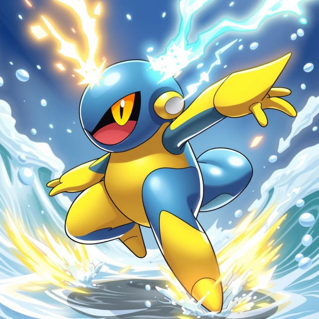 A dynamic and vibrant depiction of a new design for Rotom-Wash, showcasing the Electric/Water type Pokémon in an action pose