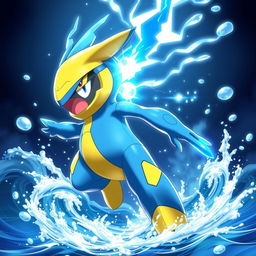 A dynamic and vibrant depiction of a new design for Rotom-Wash, showcasing the Electric/Water type Pokémon in an action pose