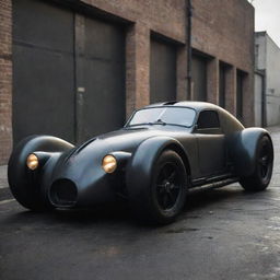 A Dieselpunk inspired Le Mans car, featuring rugged industrial aesthetics, infused with elements of 1940s wartime technology. The car has a dystopian charm, with dark iron colors highlighted by neon