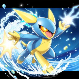 A dynamic and vibrant depiction of a new design for Rotom-Wash, showcasing the Electric/Water type Pokémon in an action pose