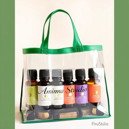 A transparent bag with a green border, stylishly filled with a selection of essential oils in elegantly designed bottles