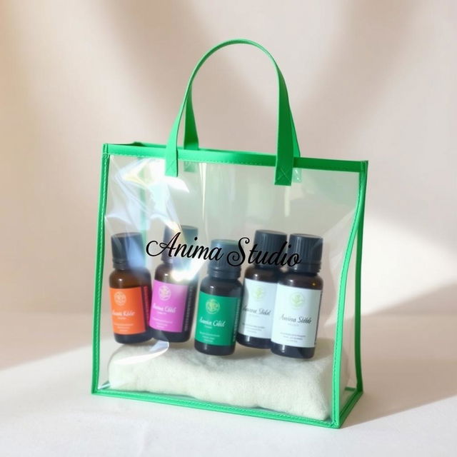 A transparent bag with a green border, stylishly filled with a selection of essential oils in elegantly designed bottles