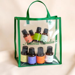 A transparent bag with a green border, stylishly filled with a selection of essential oils in elegantly designed bottles