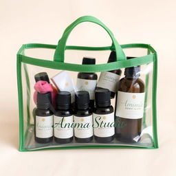 A transparent bag with a green border, stylishly filled with a selection of essential oils in elegantly designed bottles