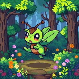 A creative pixel art design of a new Pokémon, featuring a unique character that combines elements of grass and bug types