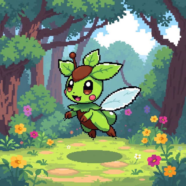 A creative pixel art design of a new Pokémon, featuring a unique character that combines elements of grass and bug types