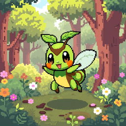 A creative pixel art design of a new Pokémon, featuring a unique character that combines elements of grass and bug types