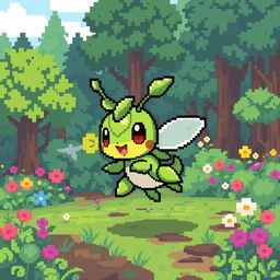 A creative pixel art design of a new Pokémon, featuring a unique character that combines elements of grass and bug types