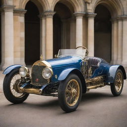 A Gaspunk-style Le Mans car, blending elements of Edwardian-era sophistication with fanciful visions of automotive locomotion. The car appears to run on gas-powered mechanisms, with brass fittings, ornate details, and vibrant, translucent gas-filled tubes