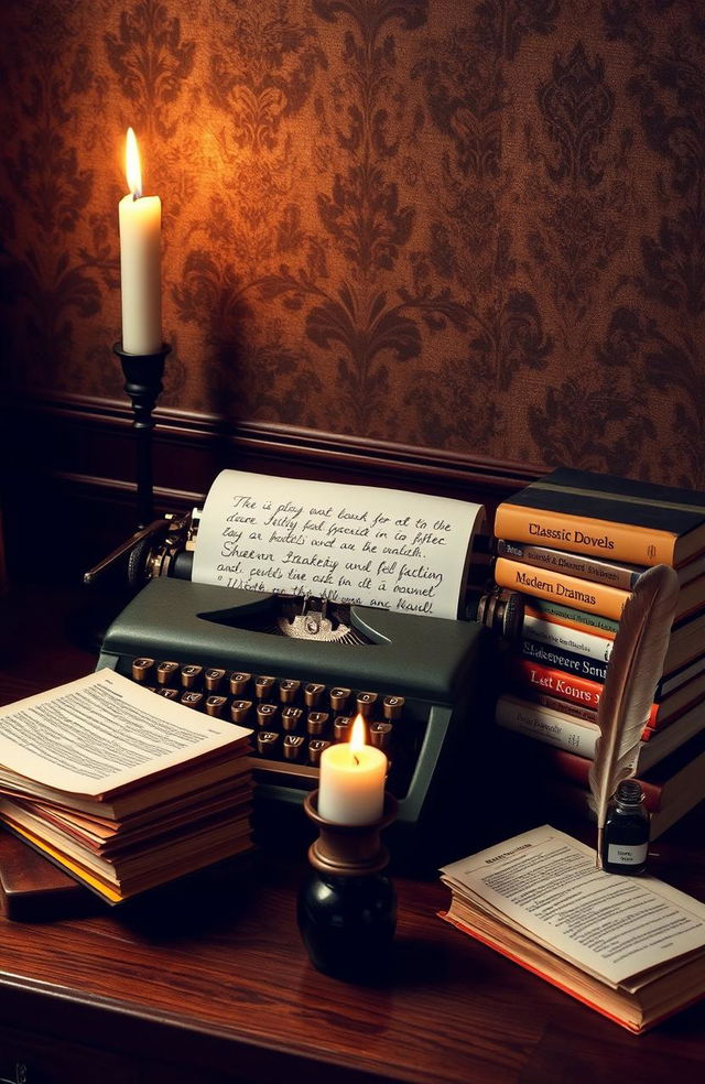 A composition of various dramatic literary works visually represented on a wooden desk